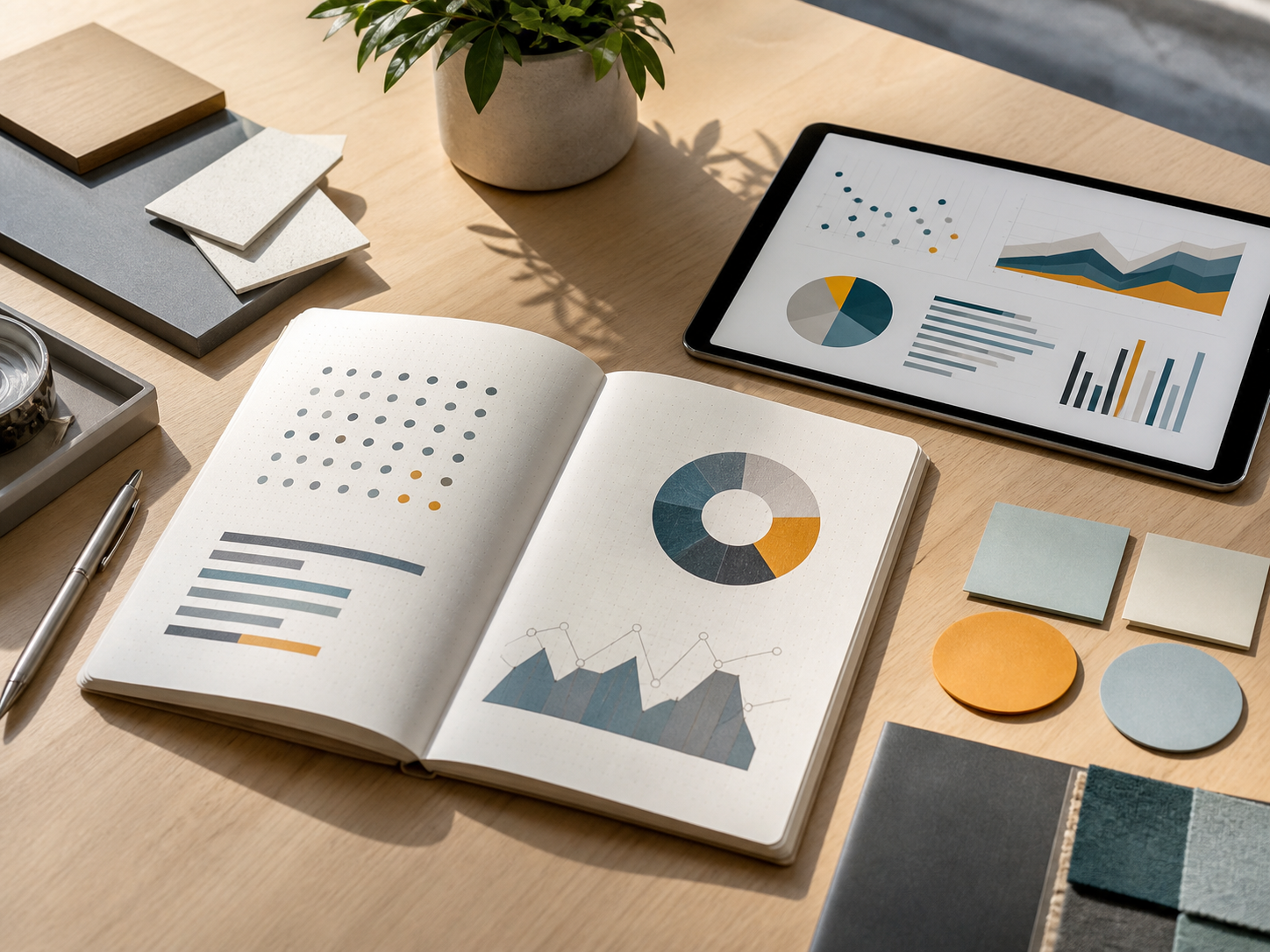 Research notes and data visualisations arranged on a professional workspace